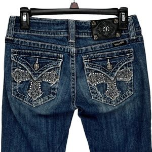 ⛔️ SOLD! ⛔️ Miss Me 27x32.5 Bootcut Jeans Blue Distressed Low Rise Cross Pockets